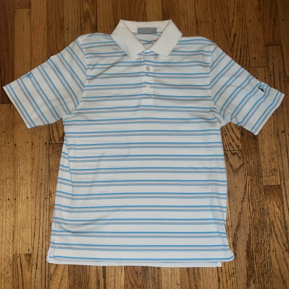 Medium Ashworth striped polo with Rocky point logo on sleeve.